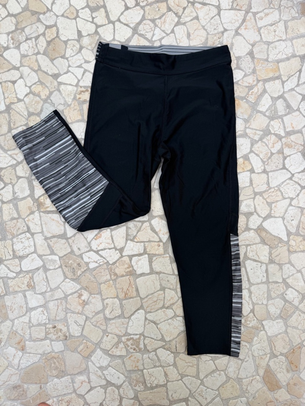 Under Armour Black 3/4 Length Leggings with Gray Striped Panels